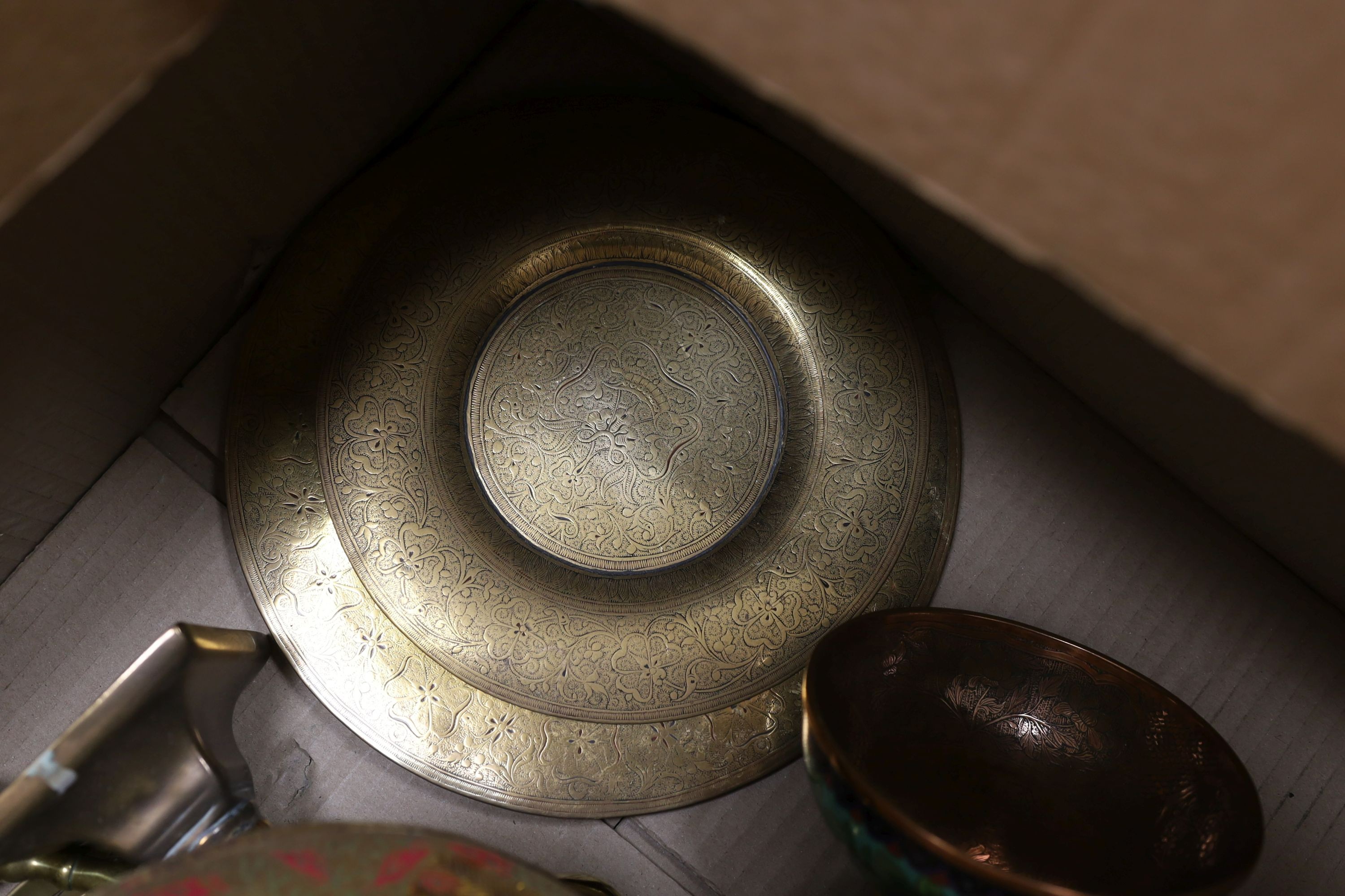 A group of assorted metalware including Indian and Persian trays